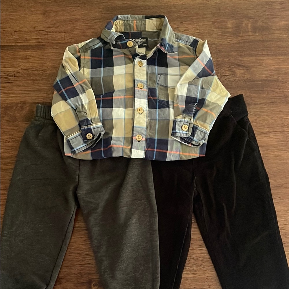Plaid onesie and boys sweatpants and corduroy pants